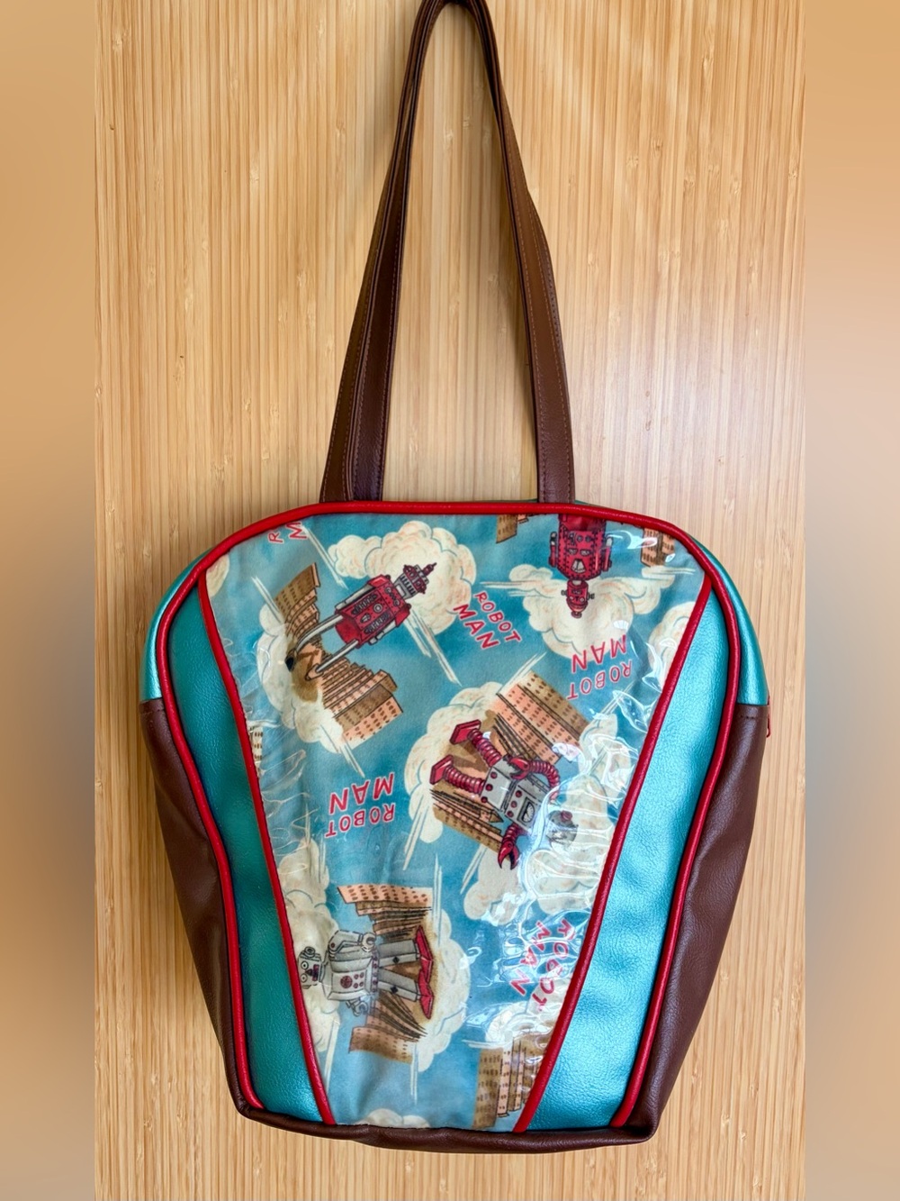 Vintage Robot Print Teal & Brown Bowling Ball Bag style tote